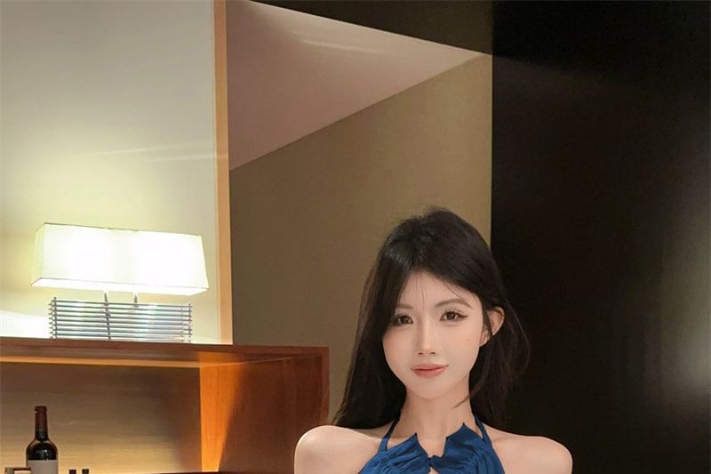 Halter Rhinestone Chain Ruffle Camisole Top