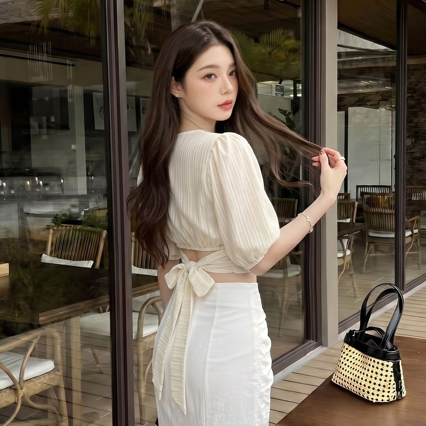 3/4 Sleeve Tie-Waist Crop Top