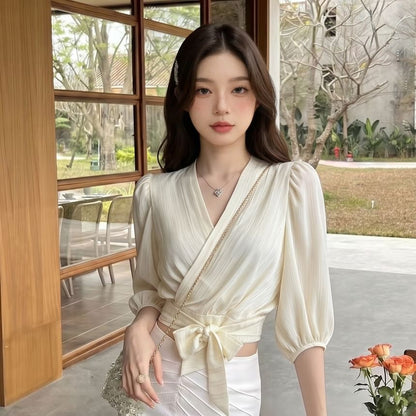 3/4 Sleeve Tie-Waist Crop Top