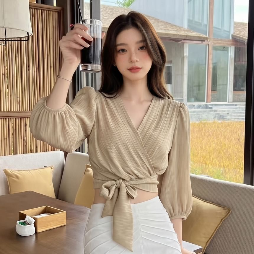 3/4 Sleeve Tie-Waist Crop Top