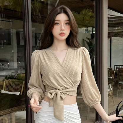 3/4 Sleeve Tie-Waist Crop Top