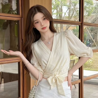 3/4 Sleeve Tie-Waist Crop Top