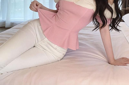 Cropped Off-Shoulder Peplum Blouse with Lace Trim