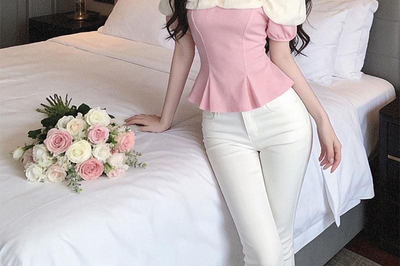 Cropped Off-Shoulder Peplum Blouse with Lace Trim