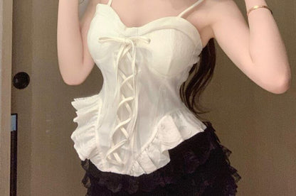 Lace-Up Ruffle Camisole Top with Panel Detail