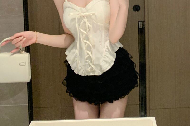 Lace-Up Ruffle Camisole Top with Panel Detail
