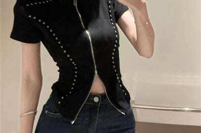 Stand Collar Zip Studded Short Sleeve Blouse