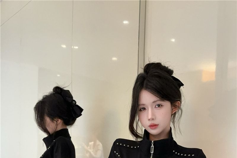 Stand Collar Zip Studded Short Sleeve Blouse
