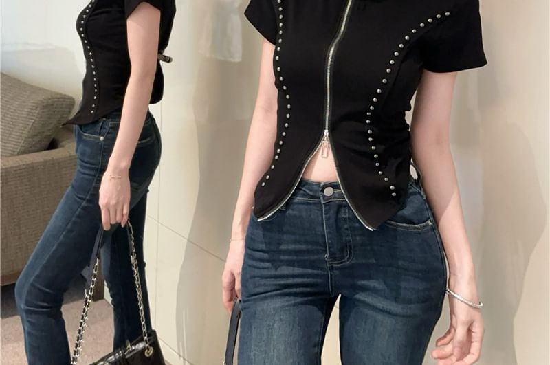 Stand Collar Zip Studded Short Sleeve Blouse