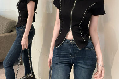 Stand Collar Zip Studded Short Sleeve Blouse