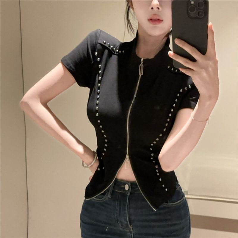 Stand Collar Zip Studded Short Sleeve Blouse
