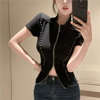 Stand Collar Zip Studded Short Sleeve Blouse