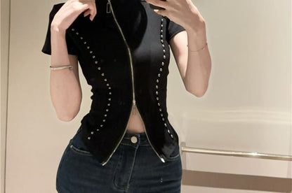 Stand Collar Zip Studded Short Sleeve Blouse