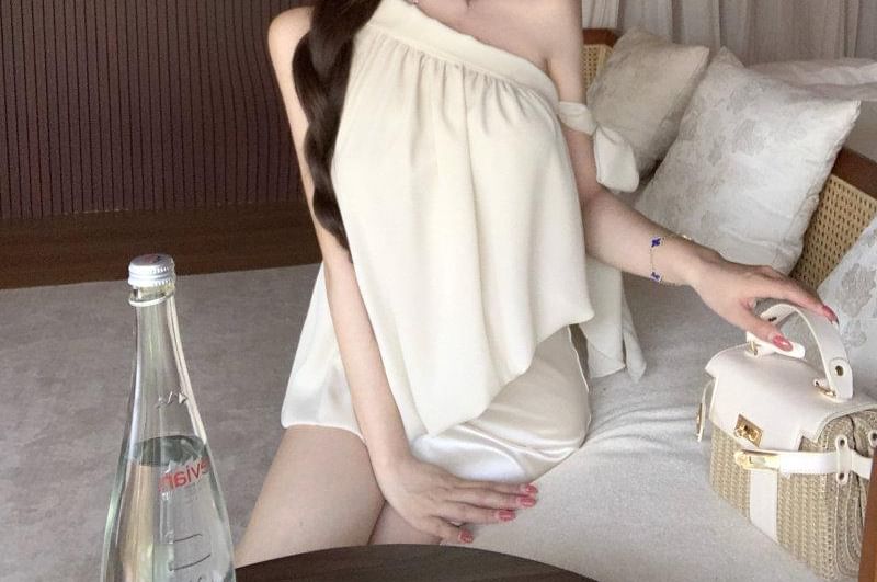 Off-Shoulder Plain Asymmetrical Top / High Waist Satin Mini Pencil Skirt / Maxi Mermaid Skirt