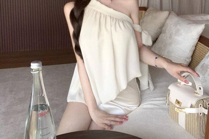 Off-Shoulder Plain Asymmetrical Top / High Waist Satin Mini Pencil Skirt / Maxi Mermaid Skirt