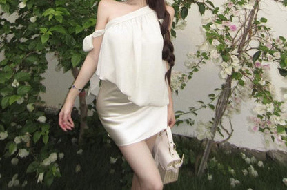 Off-Shoulder Plain Asymmetrical Top / High Waist Satin Mini Pencil Skirt / Maxi Mermaid Skirt
