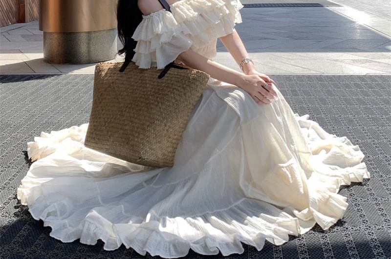Short-Sleeve Off-Shoulder Plain Tiered Ruffle Crop Top / High Waist Maxi A-Line Skirt