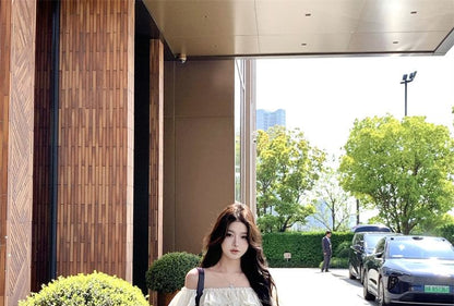 Short-Sleeve Off-Shoulder Plain Tiered Ruffle Crop Top / High Waist Maxi A-Line Skirt