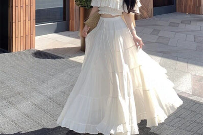 Short-Sleeve Off-Shoulder Plain Tiered Ruffle Crop Top / High Waist Maxi A-Line Skirt