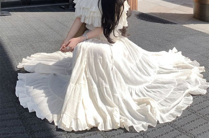 Short-Sleeve Off-Shoulder Plain Tiered Ruffle Crop Top / High Waist Maxi A-Line Skirt