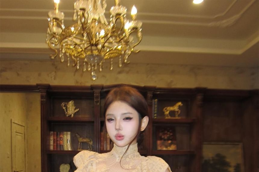 Cap-Sleeve Mock Neck Ruffle Trim Lace Crop Top / Mid Rise Maxi A-Line Skirt