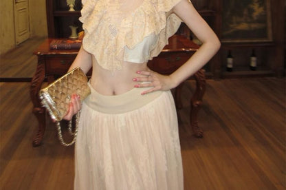 Cap-Sleeve Mock Neck Ruffle Trim Lace Crop Top / Mid Rise Maxi A-Line Skirt