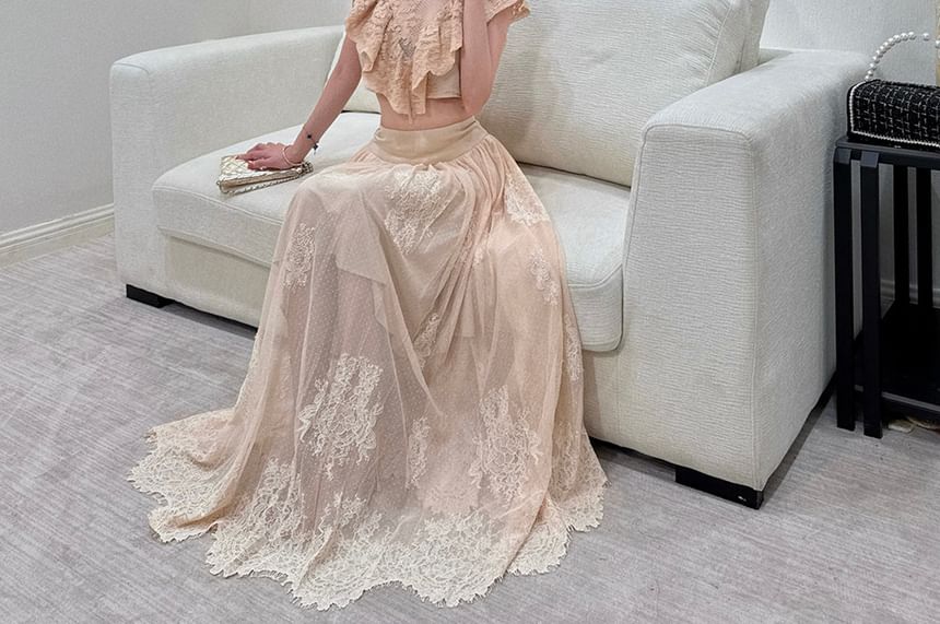 Cap-Sleeve Mock Neck Ruffle Trim Lace Crop Top / Mid Rise Maxi A-Line Skirt