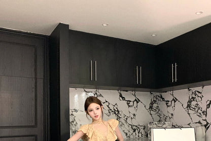 Cap-Sleeve Mock Neck Ruffle Trim Lace Crop Top / Mid Rise Maxi A-Line Skirt