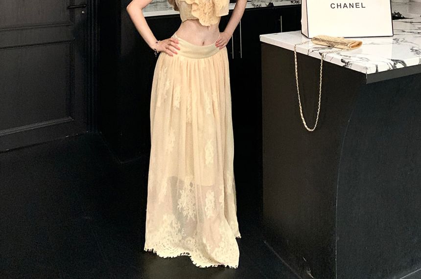 Cap-Sleeve Mock Neck Ruffle Trim Lace Crop Top / Mid Rise Maxi A-Line Skirt