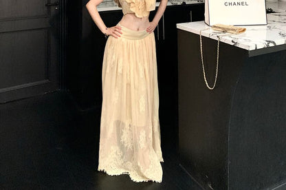 Cap-Sleeve Mock Neck Ruffle Trim Lace Crop Top / Mid Rise Maxi A-Line Skirt