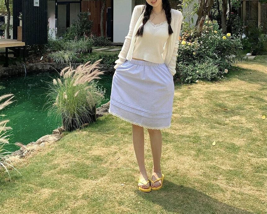 Elastic Waist Striped Lace Trim A-Line Skirt