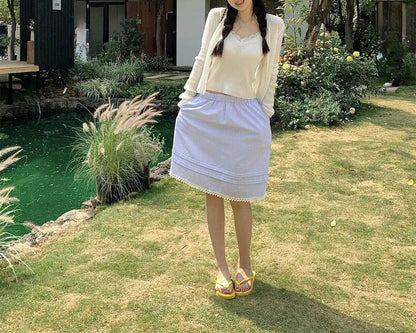 Elastic Waist Striped Lace Trim A-Line Skirt