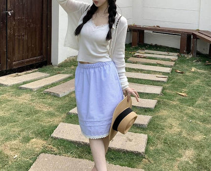 Elastic Waist Striped Lace Trim A-Line Skirt