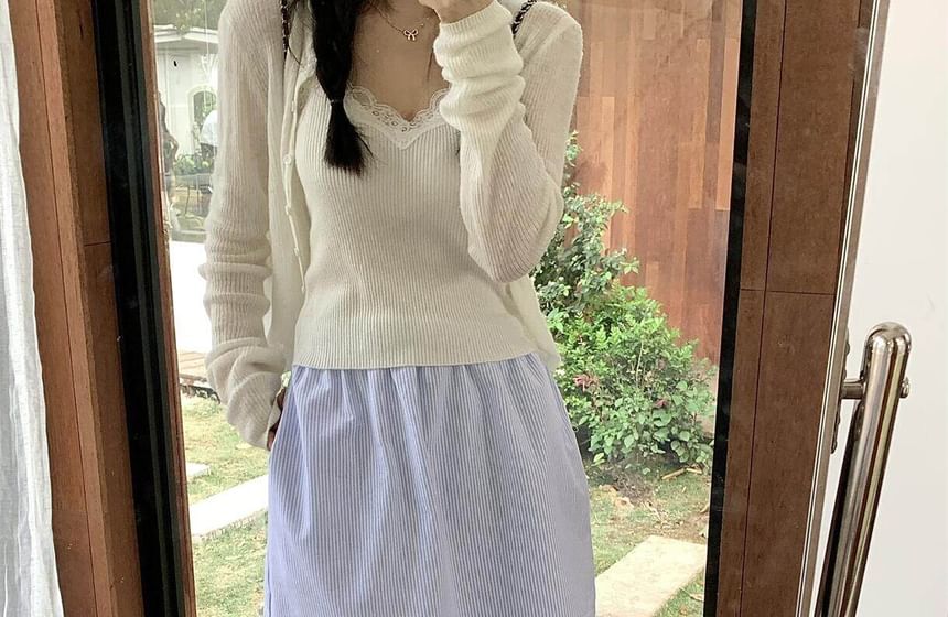 Elastic Waist Striped Lace Trim A-Line Skirt