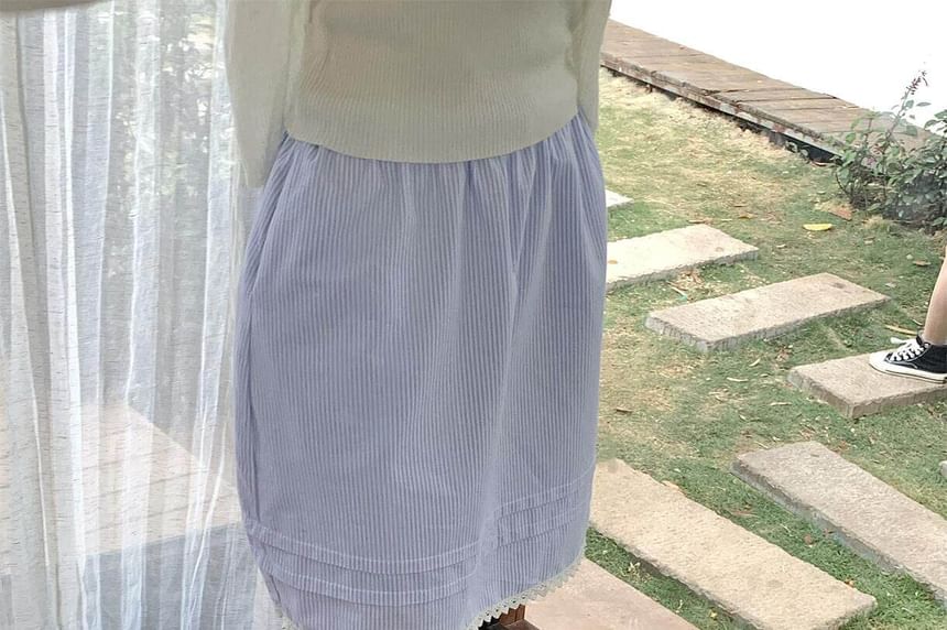 Elastic Waist Striped Lace Trim A-Line Skirt