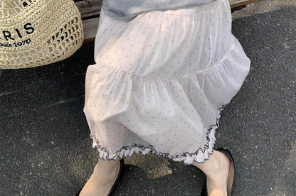 High Waist Dotted Tiered Ruffle Mesh Midi A-Line Skirt