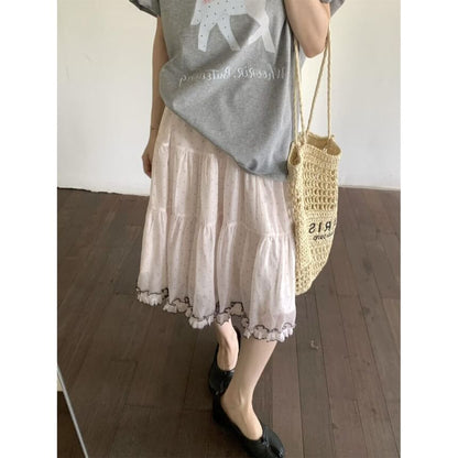 High Waist Dotted Tiered Ruffle Mesh Midi A-Line Skirt