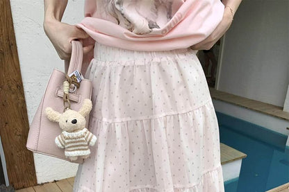 High Waist Dotted Tiered Ruffle Mesh Midi A-Line Skirt