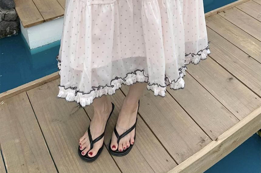 High Waist Dotted Tiered Ruffle Mesh Midi A-Line Skirt