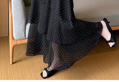High Waist Dotted Tiered Maxi A-Line Skirt