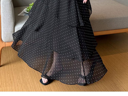 High Waist Dotted Tiered Maxi A-Line Skirt