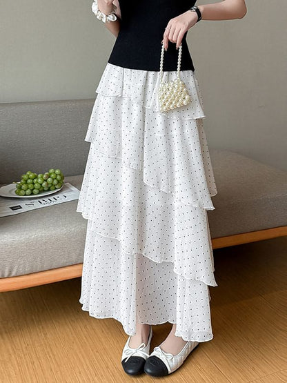 High Waist Dotted Tiered Maxi A-Line Skirt