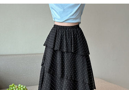 High Waist Dotted Tiered Maxi A-Line Skirt