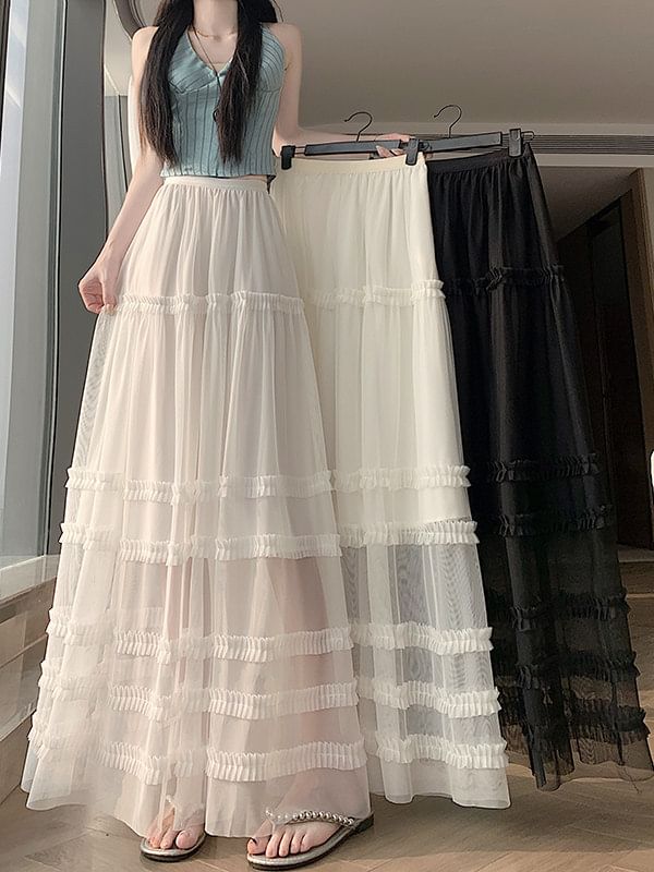 High Waist Plain Ruffle Tiered Mesh Maxi A-Line Skirt