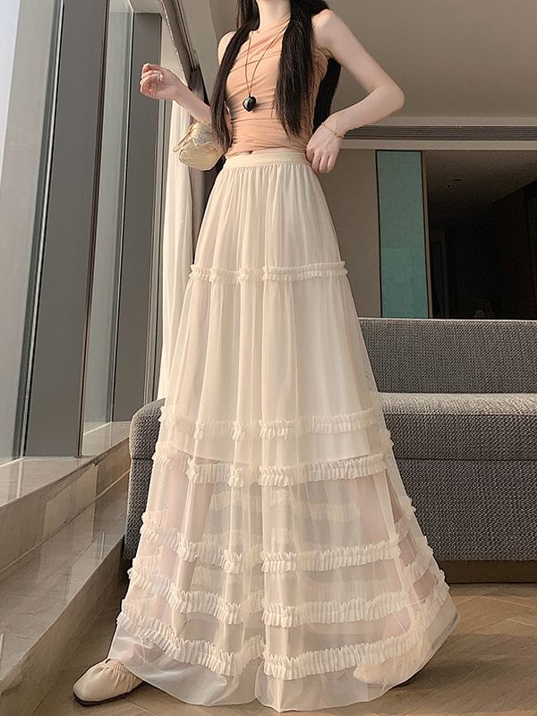 High Waist Plain Ruffle Tiered Mesh Maxi A-Line Skirt