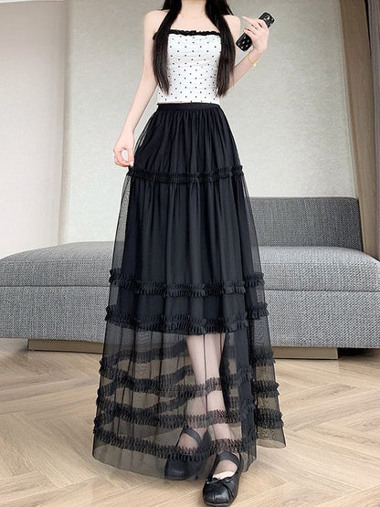 High Waist Plain Ruffle Tiered Mesh Maxi A-Line Skirt