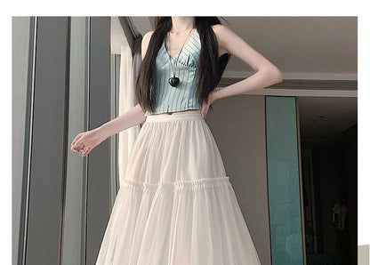 High Waist Plain Ruffle Tiered Mesh Maxi A-Line Skirt