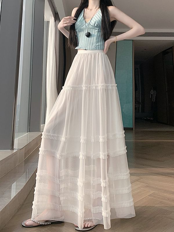 High Waist Plain Ruffle Tiered Mesh Maxi A-Line Skirt