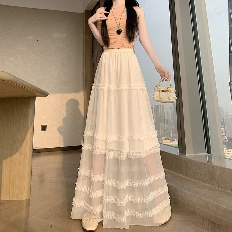 High Waist Plain Ruffle Tiered Mesh Maxi A-Line Skirt