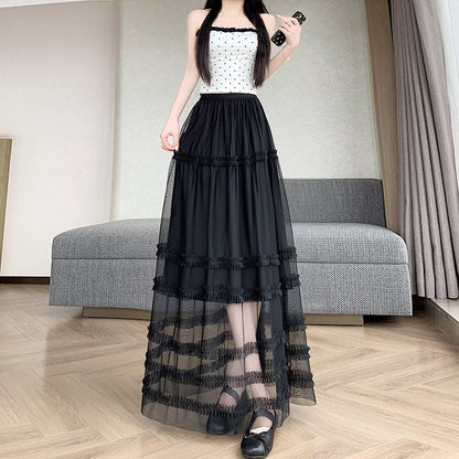 High Waist Plain Ruffle Tiered Mesh Maxi A-Line Skirt
